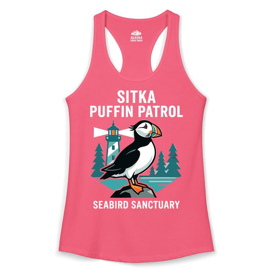 Sitka Puffin Shirt - Bird Sanctuary Tee for Alaska Wildlife Lovers (Ladies Tank) in Hot Pink - Sitka Puffin Bird Sanctuary Shirt - Lighthouse and Forest Alaska Tee