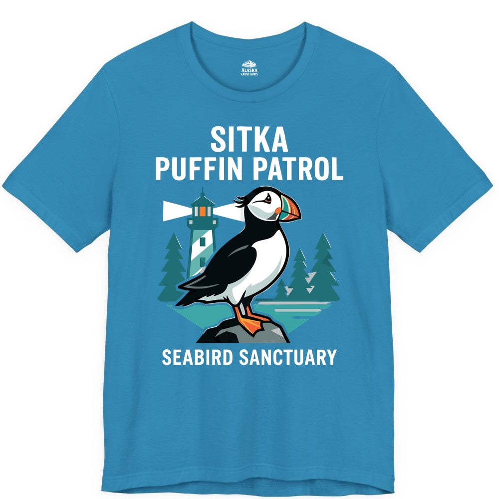 Sitka Puffin Shirt - Bird Sanctuary Tee for Alaska Wildlife Lovers (Premium Tee) in Aqua - Sitka Puffin Bird Sanctuary Shirt - Lighthouse and Forest Alaska Tee