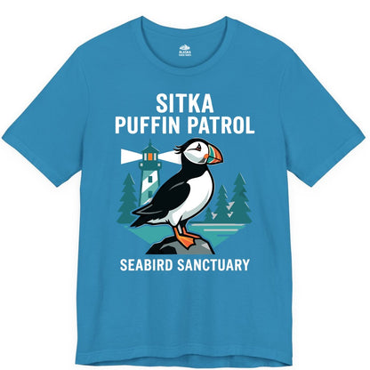 Sitka Puffin Shirt - Bird Sanctuary Tee for Alaska Wildlife Lovers (Premium Tee) in Aqua - Sitka Puffin Bird Sanctuary Shirt - Lighthouse and Forest Alaska Tee