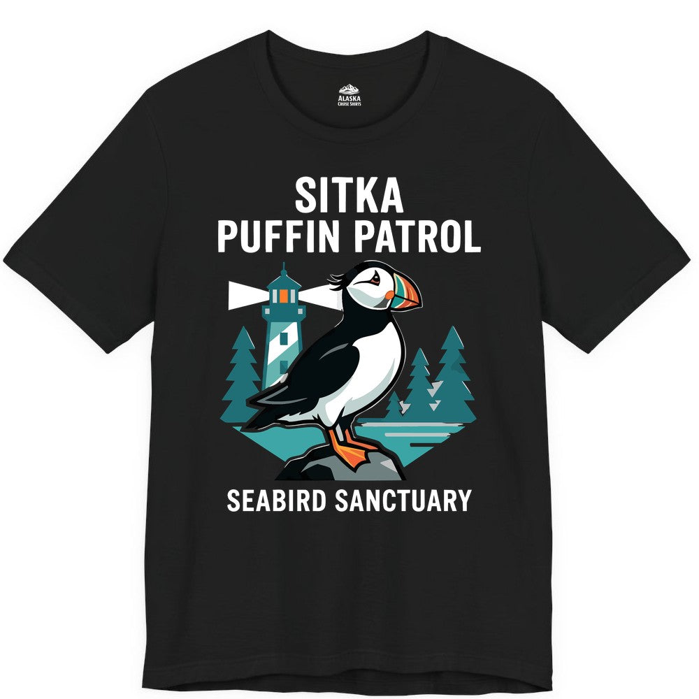 Sitka Puffin Shirt - Bird Sanctuary Tee for Alaska Wildlife Lovers (Premium Tee) in Black - Sitka Puffin Bird Sanctuary Shirt - Lighthouse and Forest Alaska Tee