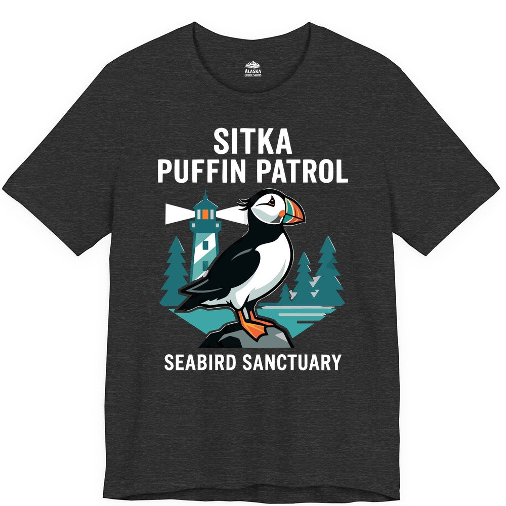 Sitka Puffin Shirt - Bird Sanctuary Tee for Alaska Wildlife Lovers (Premium Tee) in Dark Grey Heather - Sitka Puffin Bird Sanctuary Shirt - Lighthouse and Forest Alaska Tee