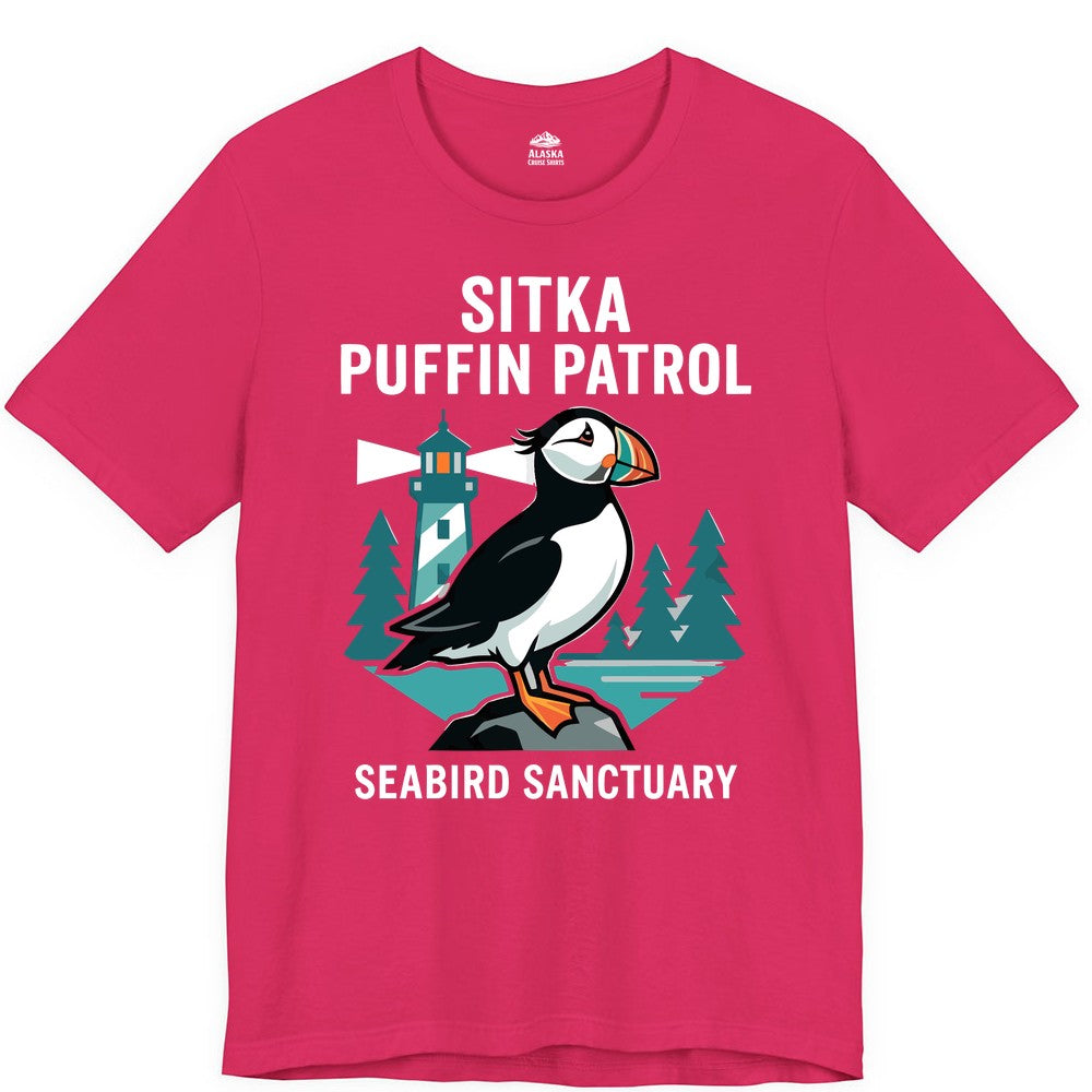 Sitka Puffin Shirt - Bird Sanctuary Tee for Alaska Wildlife Lovers (Premium Tee) in Fuchsia - Sitka Puffin Bird Sanctuary Shirt - Lighthouse and Forest Alaska Tee