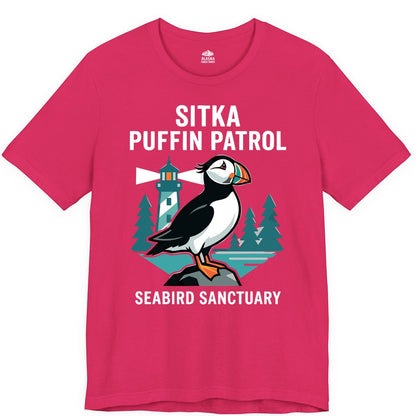Sitka Puffin Shirt - Bird Sanctuary Tee for Alaska Wildlife Lovers (Premium Tee) in Fuchsia - Sitka Puffin Bird Sanctuary Shirt - Lighthouse and Forest Alaska Tee