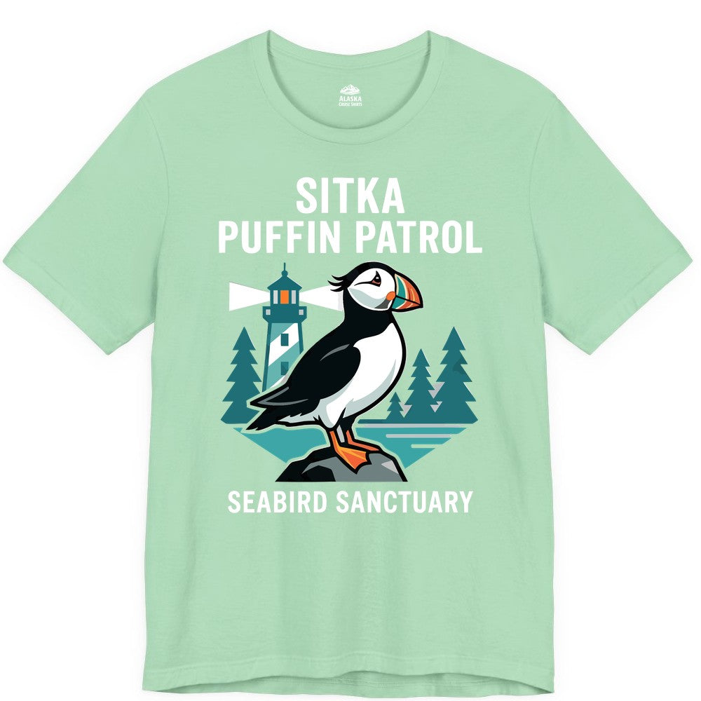 Sitka Puffin Shirt - Bird Sanctuary Tee for Alaska Wildlife Lovers (Premium Tee) in Mint - Sitka Puffin Bird Sanctuary Shirt - Lighthouse and Forest Alaska Tee
