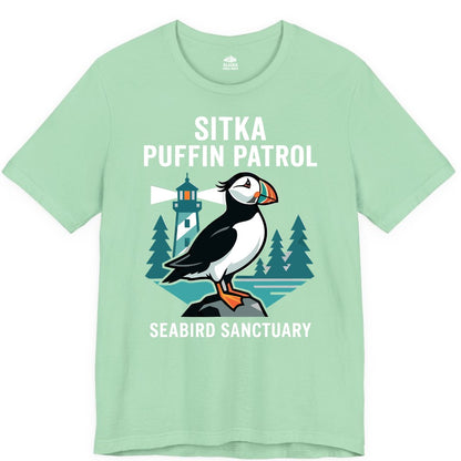 Sitka Puffin Shirt - Bird Sanctuary Tee for Alaska Wildlife Lovers (Premium Tee) in Mint - Sitka Puffin Bird Sanctuary Shirt - Lighthouse and Forest Alaska Tee