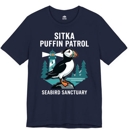 Sitka Puffin Shirt - Bird Sanctuary Tee for Alaska Wildlife Lovers (Premium Tee) in Navy - Sitka Puffin Bird Sanctuary Shirt - Lighthouse and Forest Alaska Tee