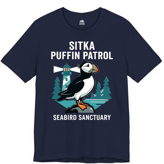 Sitka Puffin Shirt - Bird Sanctuary Tee for Alaska Wildlife Lovers (Premium Tee) in Navy - Sitka Puffin Bird Sanctuary Shirt - Lighthouse and Forest Alaska Tee