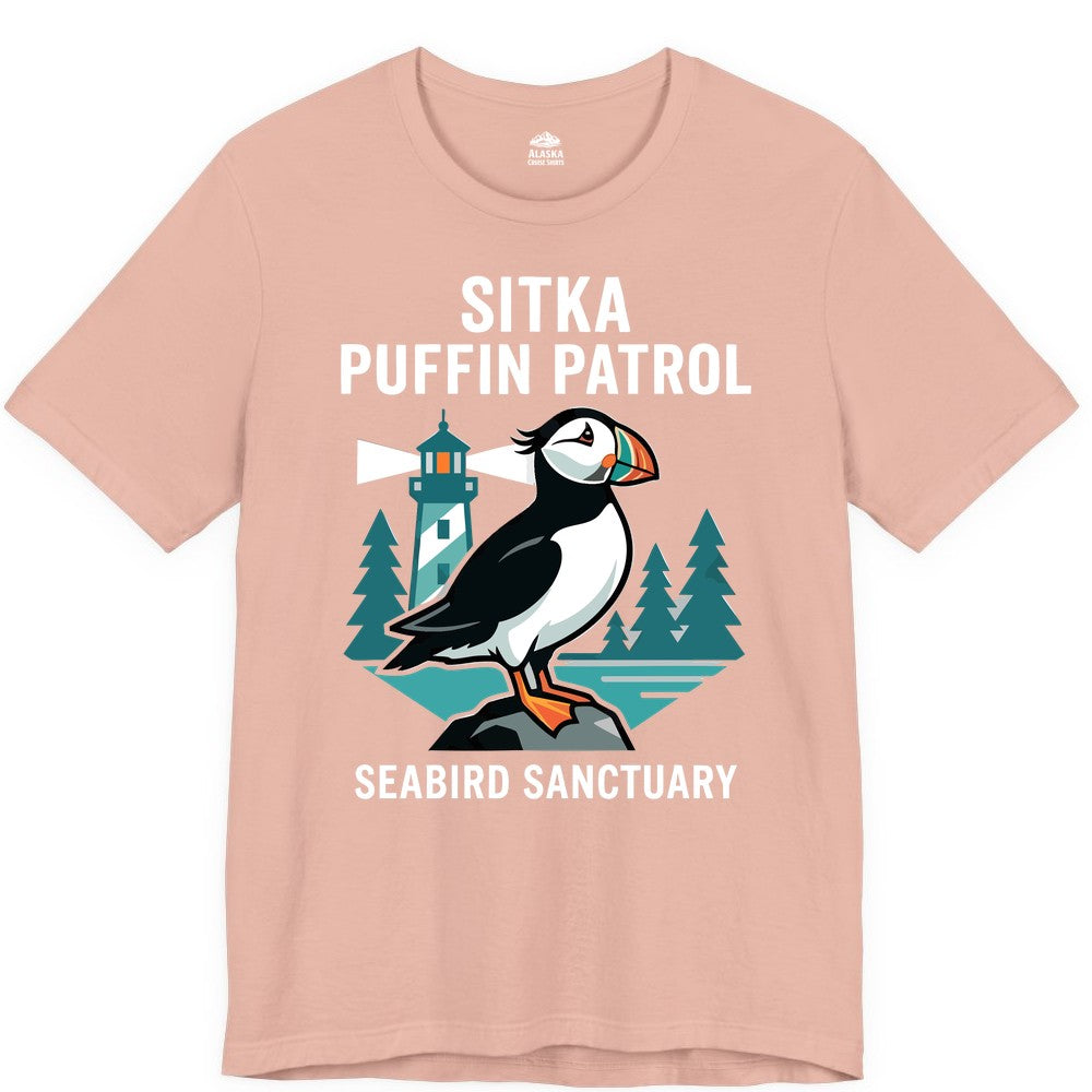 Sitka Puffin Shirt - Bird Sanctuary Tee for Alaska Wildlife Lovers (Premium Tee) in Peach - Sitka Puffin Bird Sanctuary Shirt - Lighthouse and Forest Alaska Tee