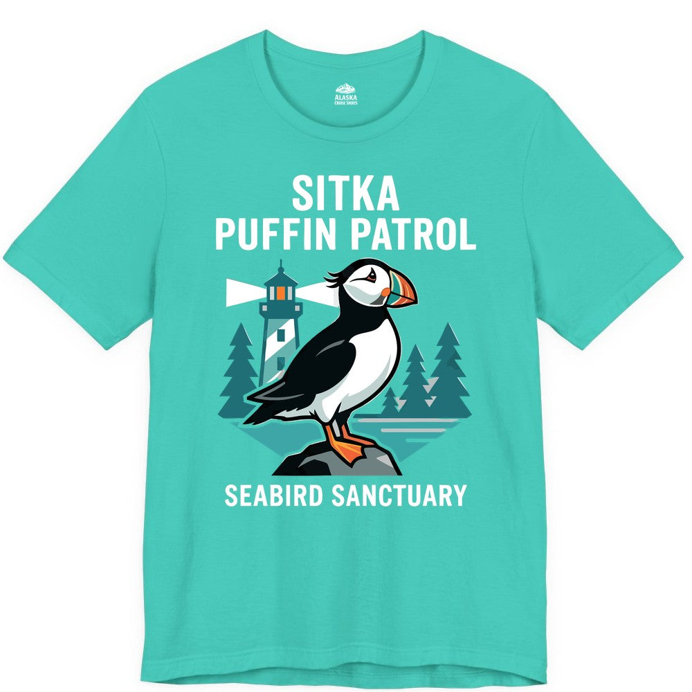 Sitka Puffin Shirt - Bird Sanctuary Tee for Alaska Wildlife Lovers (Premium Tee) in Teal - Sitka Puffin Bird Sanctuary Shirt - Lighthouse and Forest Alaska Tee