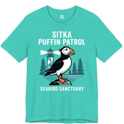 Sitka Puffin Shirt - Bird Sanctuary Tee for Alaska Wildlife Lovers (Premium Tee) in Teal - Sitka Puffin Bird Sanctuary Shirt - Lighthouse and Forest Alaska Tee