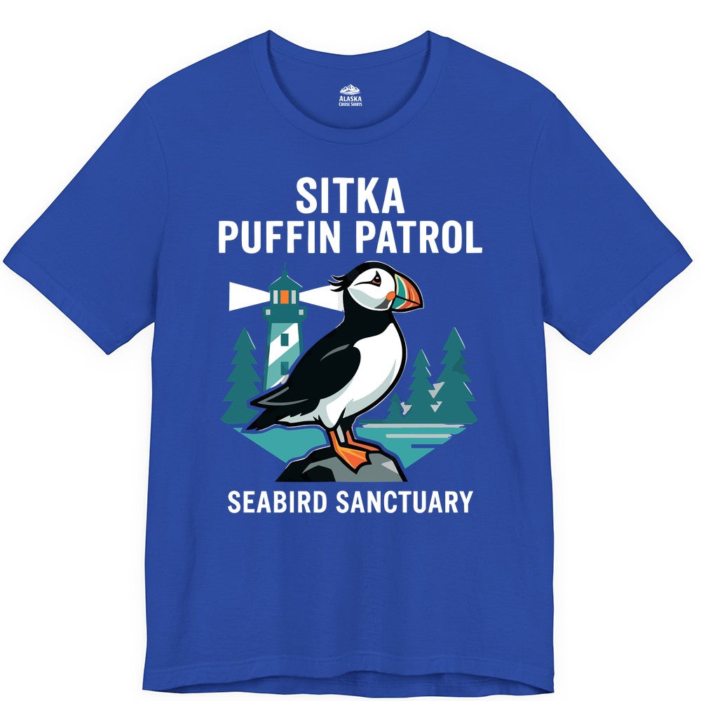 Sitka Puffin Shirt - Bird Sanctuary Tee for Alaska Wildlife Lovers (Premium Tee) in True Royal - Sitka Puffin Bird Sanctuary Shirt - Lighthouse and Forest Alaska Tee