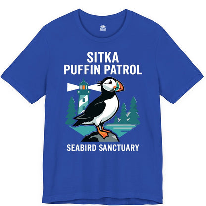 Sitka Puffin Shirt - Bird Sanctuary Tee for Alaska Wildlife Lovers (Premium Tee) in True Royal - Sitka Puffin Bird Sanctuary Shirt - Lighthouse and Forest Alaska Tee