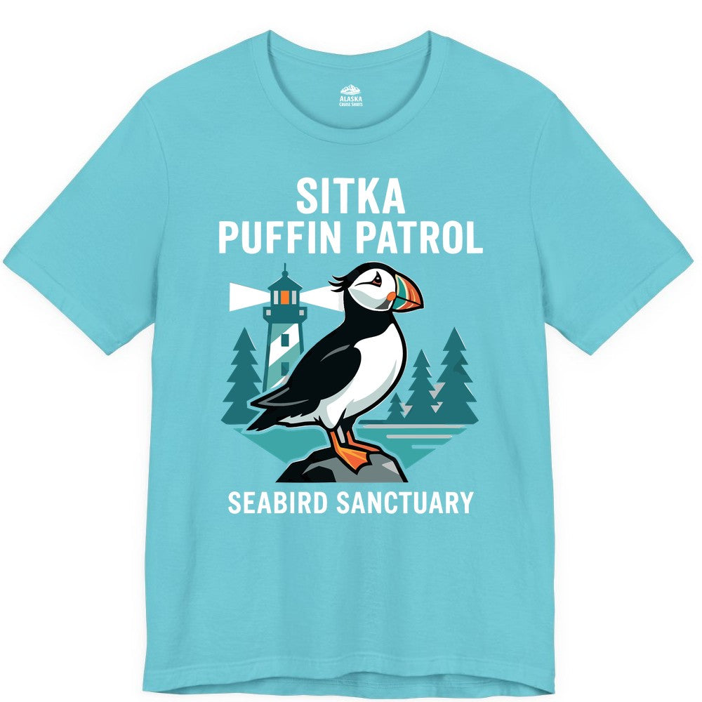 Sitka Puffin Shirt - Bird Sanctuary Tee for Alaska Wildlife Lovers (Premium Tee) in Turquoise - Sitka Puffin Bird Sanctuary Shirt - Lighthouse and Forest Alaska Tee