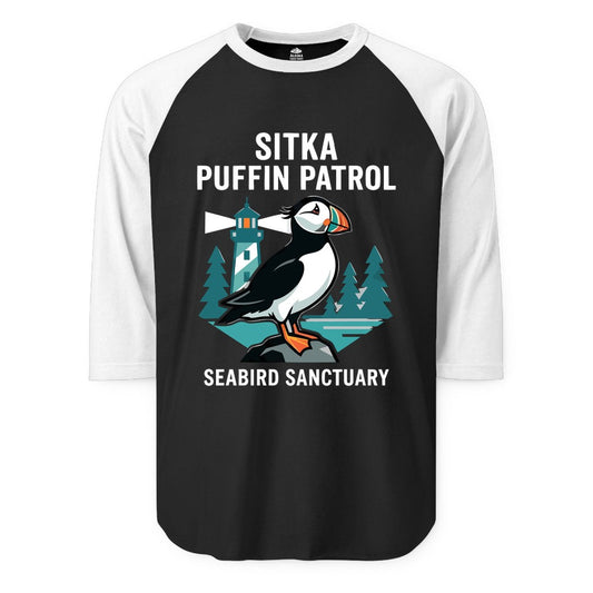 Sitka Puffin Shirt - Bird Sanctuary Tee for Alaska Wildlife Lovers (Raglan) in BlackWhite - Sitka Puffin Bird Sanctuary Shirt - Lighthouse and Forest Alaska Tee