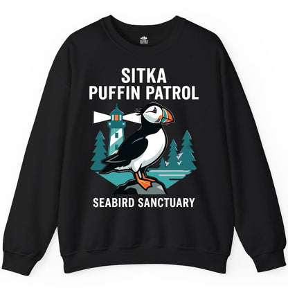 Sitka Puffin Shirt - Bird Sanctuary Tee for Alaska Wildlife Lovers (Sweatshirt) in Black - Sitka Puffin Bird Sanctuary Shirt - Lighthouse and Forest Alaska Tee