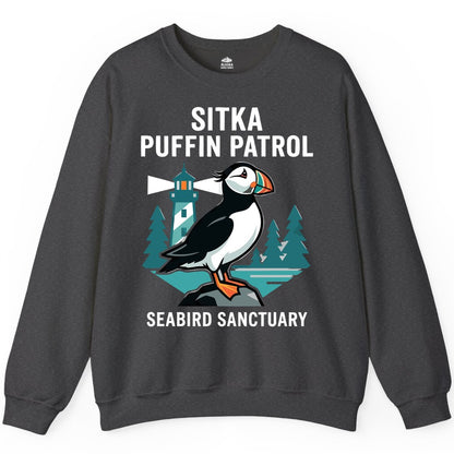 Sitka Puffin Shirt - Bird Sanctuary Tee for Alaska Wildlife Lovers (Sweatshirt) in Dark Heather - Sitka Puffin Bird Sanctuary Shirt - Lighthouse and Forest Alaska Tee