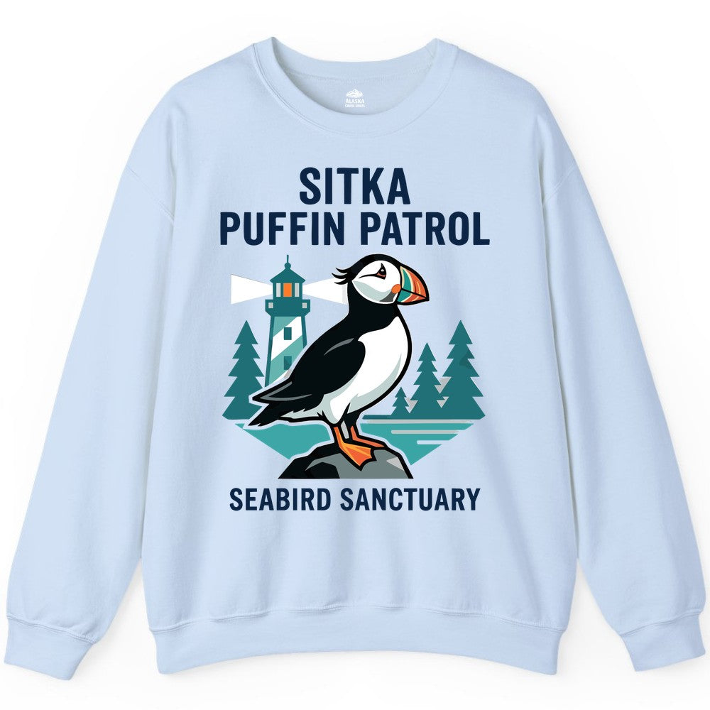 Sitka Puffin Shirt - Bird Sanctuary Tee for Alaska Wildlife Lovers (Sweatshirt) in Light Blue - Sitka Puffin Bird Sanctuary Shirt - Lighthouse and Forest Alaska Tee