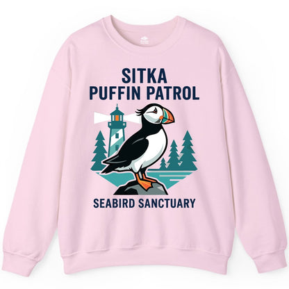 Sitka Puffin Shirt - Bird Sanctuary Tee for Alaska Wildlife Lovers (Sweatshirt) in Light Pink - Sitka Puffin Bird Sanctuary Shirt - Lighthouse and Forest Alaska Tee