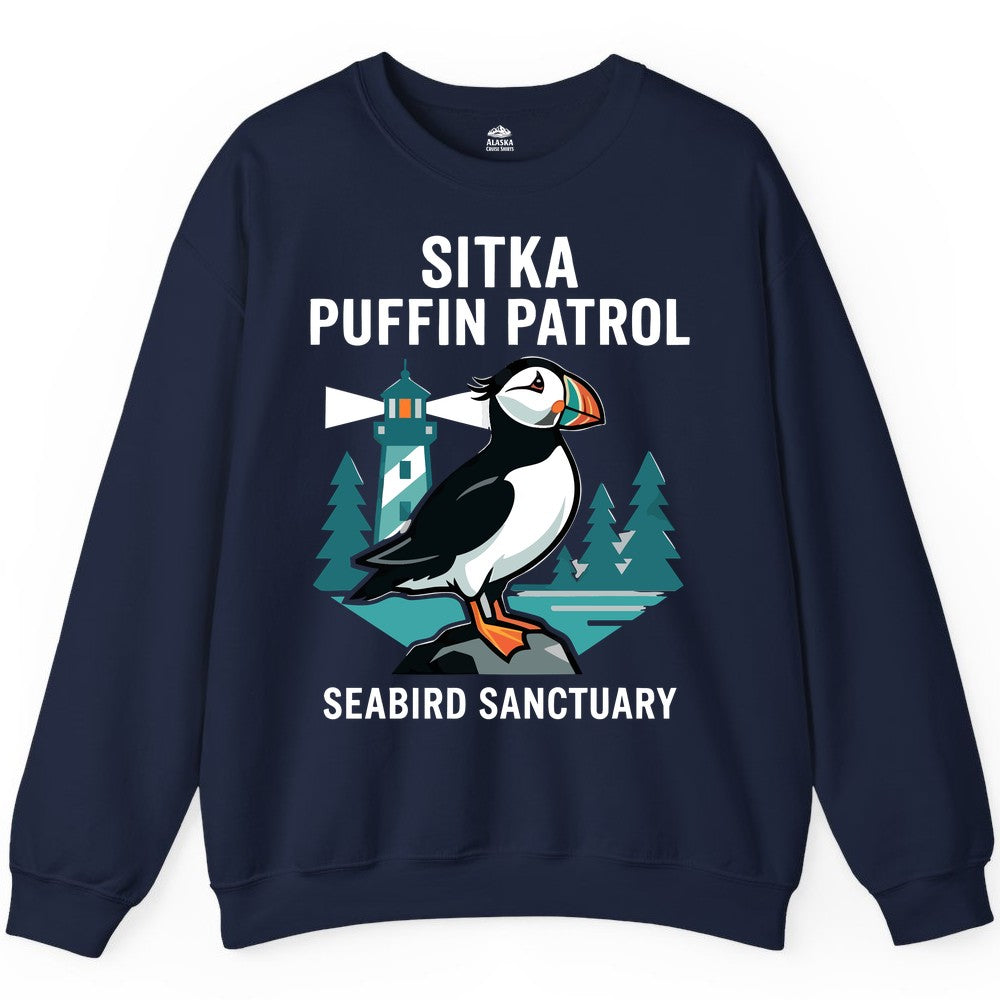 Sitka Puffin Shirt - Bird Sanctuary Tee for Alaska Wildlife Lovers (Sweatshirt) in Navy - Sitka Puffin Bird Sanctuary Shirt - Lighthouse and Forest Alaska Tee