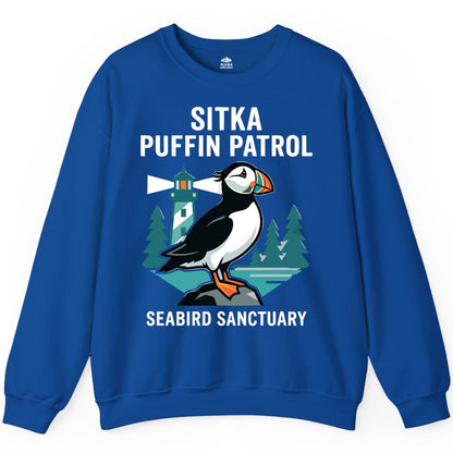 Sitka Puffin Shirt - Bird Sanctuary Tee for Alaska Wildlife Lovers (Sweatshirt) in Royal - Sitka Puffin Bird Sanctuary Shirt - Lighthouse and Forest Alaska Tee