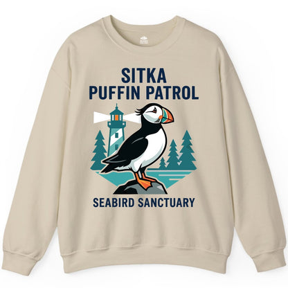 Sitka Puffin Shirt - Bird Sanctuary Tee for Alaska Wildlife Lovers (Sweatshirt) in Sand - Sitka Puffin Bird Sanctuary Shirt - Lighthouse and Forest Alaska Tee