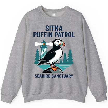 Sitka Puffin Shirt - Bird Sanctuary Tee for Alaska Wildlife Lovers (Sweatshirt) in Sport Grey - Sitka Puffin Bird Sanctuary Shirt - Lighthouse and Forest Alaska Tee