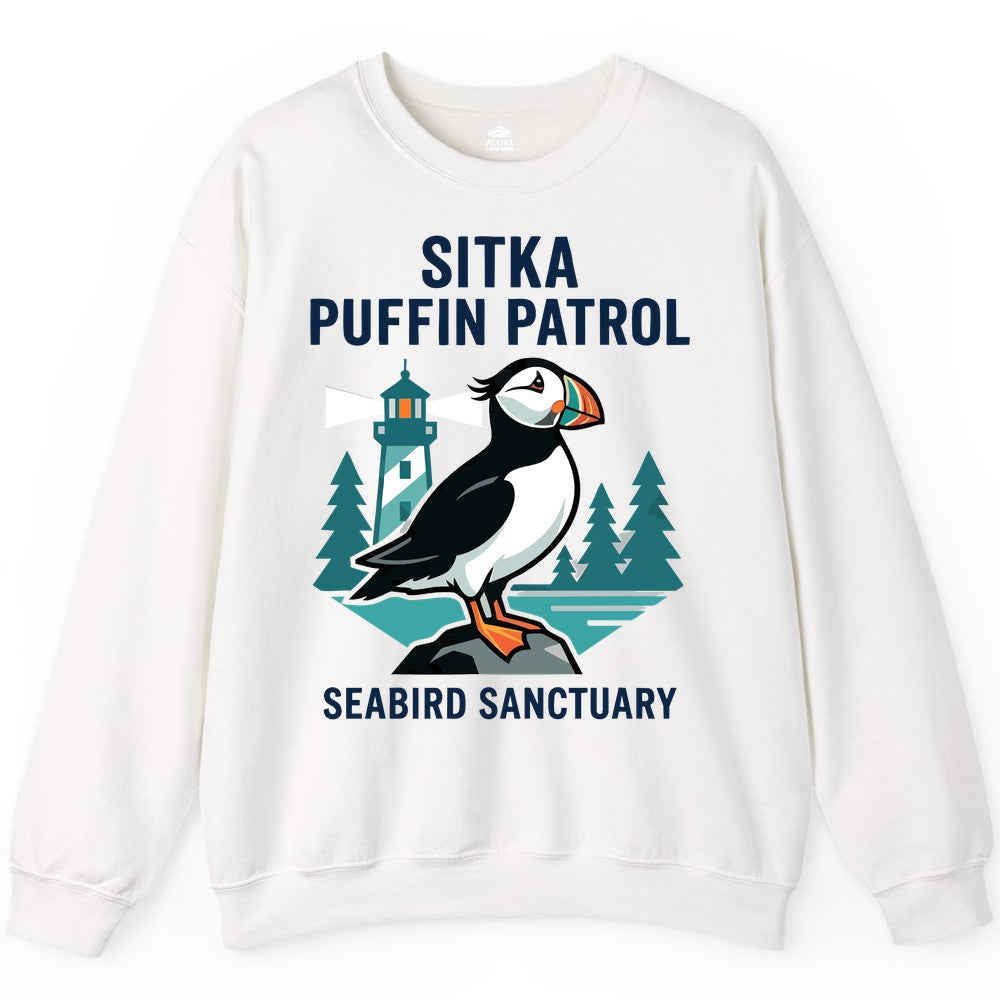 Sitka Puffin Shirt - Bird Sanctuary Tee for Alaska Wildlife Lovers (Sweatshirt) in White - Sitka Puffin Bird Sanctuary Shirt - Lighthouse and Forest Alaska Tee