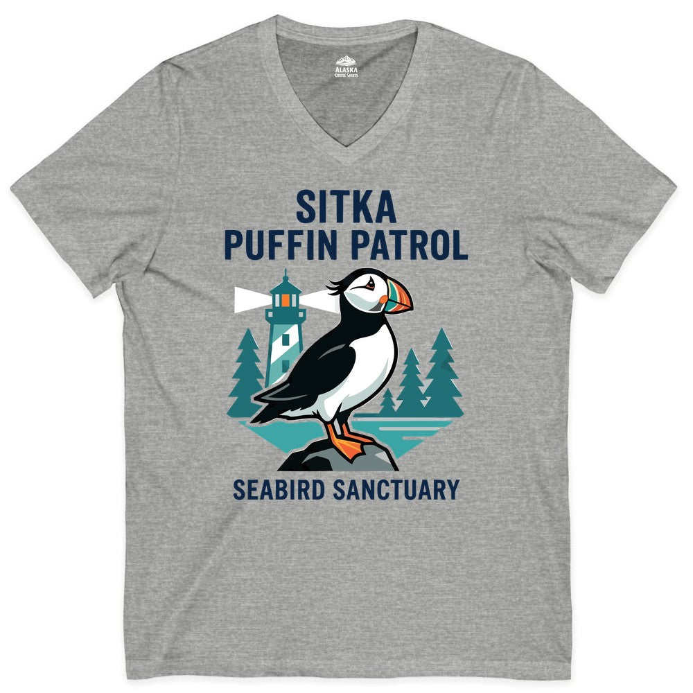 Sitka Puffin Shirt - Bird Sanctuary Tee for Alaska Wildlife Lovers (V-Neck) in Athletic Heather - Sitka Puffin Bird Sanctuary Shirt - Lighthouse and Forest Alaska Tee