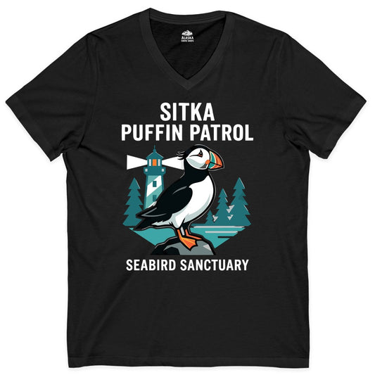 Sitka Puffin Shirt - Bird Sanctuary Tee for Alaska Wildlife Lovers (V-Neck) in Black - Sitka Puffin Bird Sanctuary Shirt - Lighthouse and Forest Alaska Tee