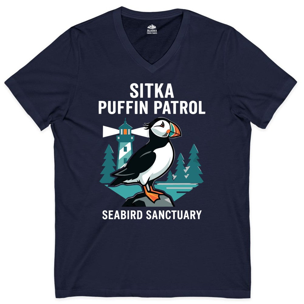 Sitka Puffin Shirt - Bird Sanctuary Tee for Alaska Wildlife Lovers (V-Neck) in Navy - Sitka Puffin Bird Sanctuary Shirt - Lighthouse and Forest Alaska Tee