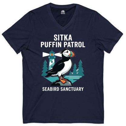 Sitka Puffin Shirt - Bird Sanctuary Tee for Alaska Wildlife Lovers (V-Neck) in Navy - Sitka Puffin Bird Sanctuary Shirt - Lighthouse and Forest Alaska Tee