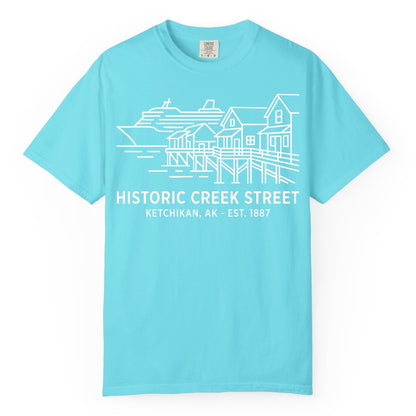 Ketchikan Creek Street Shirt - Alaska Cruise Souvenir Apparel (Comfort Color) in Lagoon Blue - Ketchikan Creek Street Alaska Waterfront and Cruise Ship Shirt