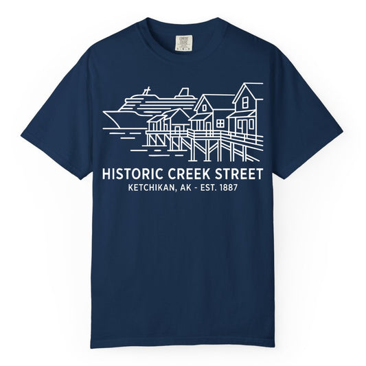 Ketchikan Creek Street Shirt - Alaska Cruise Souvenir Apparel (Comfort Color) in Navy - Ketchikan Creek Street Alaska Waterfront and Cruise Ship Shirt