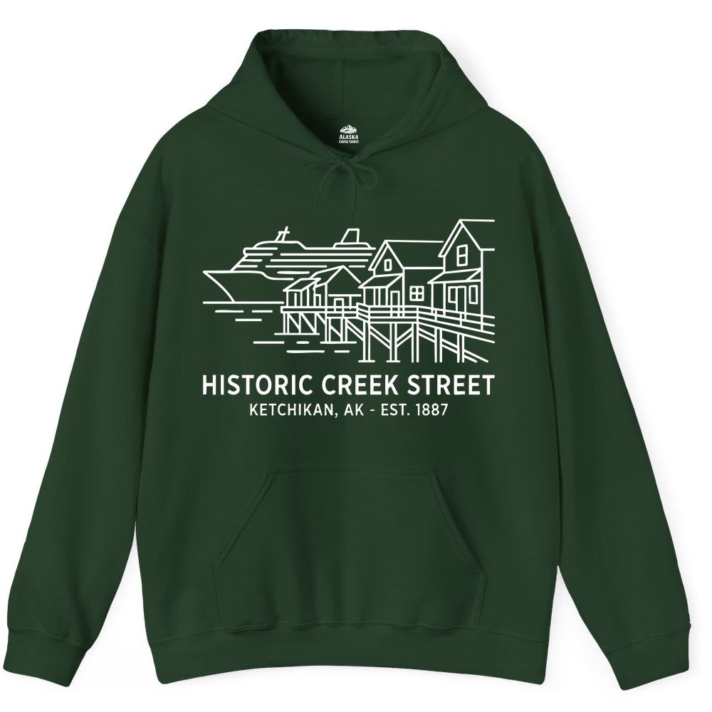 Ketchikan Creek Street Shirt - Alaska Cruise Souvenir Apparel (Hoodie) in Forest Green - Ketchikan Creek Street Alaska Waterfront and Cruise Ship Shirt