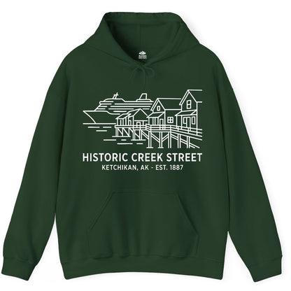 Ketchikan Creek Street Shirt - Alaska Cruise Souvenir Apparel (Hoodie) in Forest Green - Ketchikan Creek Street Alaska Waterfront and Cruise Ship Shirt