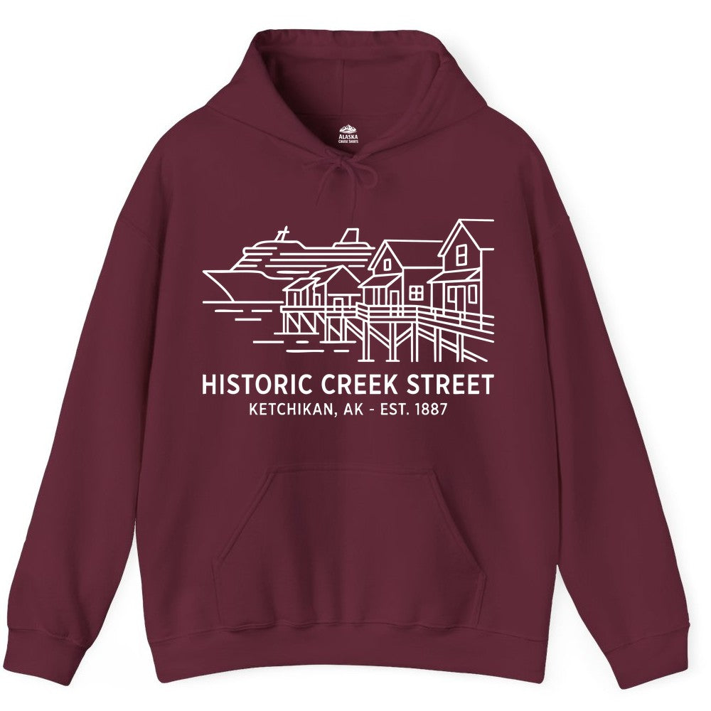 Ketchikan Creek Street Shirt - Alaska Cruise Souvenir Apparel (Hoodie) in Maroon - Ketchikan Creek Street Alaska Waterfront and Cruise Ship Shirt