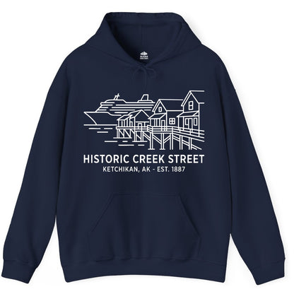 Ketchikan Creek Street Shirt - Alaska Cruise Souvenir Apparel (Hoodie) in Navy - Ketchikan Creek Street Alaska Waterfront and Cruise Ship Shirt