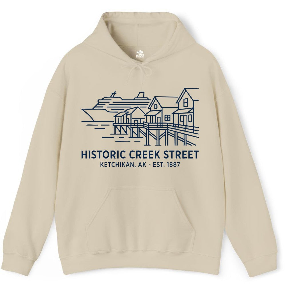 Ketchikan Creek Street Shirt - Alaska Cruise Souvenir Apparel (Hoodie) in Sand - Ketchikan Creek Street Alaska Waterfront and Cruise Ship Shirt