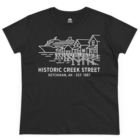 Ketchikan Creek Street Shirt - Alaska Cruise Souvenir Apparel (Ladies Tee) in Black - Ketchikan Creek Street Alaska Waterfront and Cruise Ship Shirt