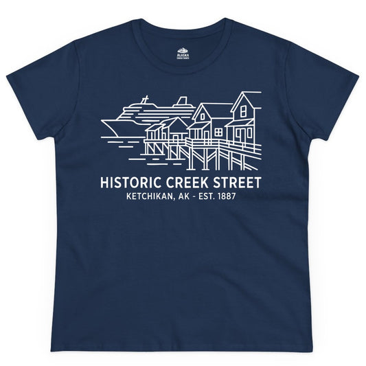 Ketchikan Creek Street Shirt - Alaska Cruise Souvenir Apparel (Ladies Tee) in Navy - Ketchikan Creek Street Alaska Waterfront and Cruise Ship Shirt