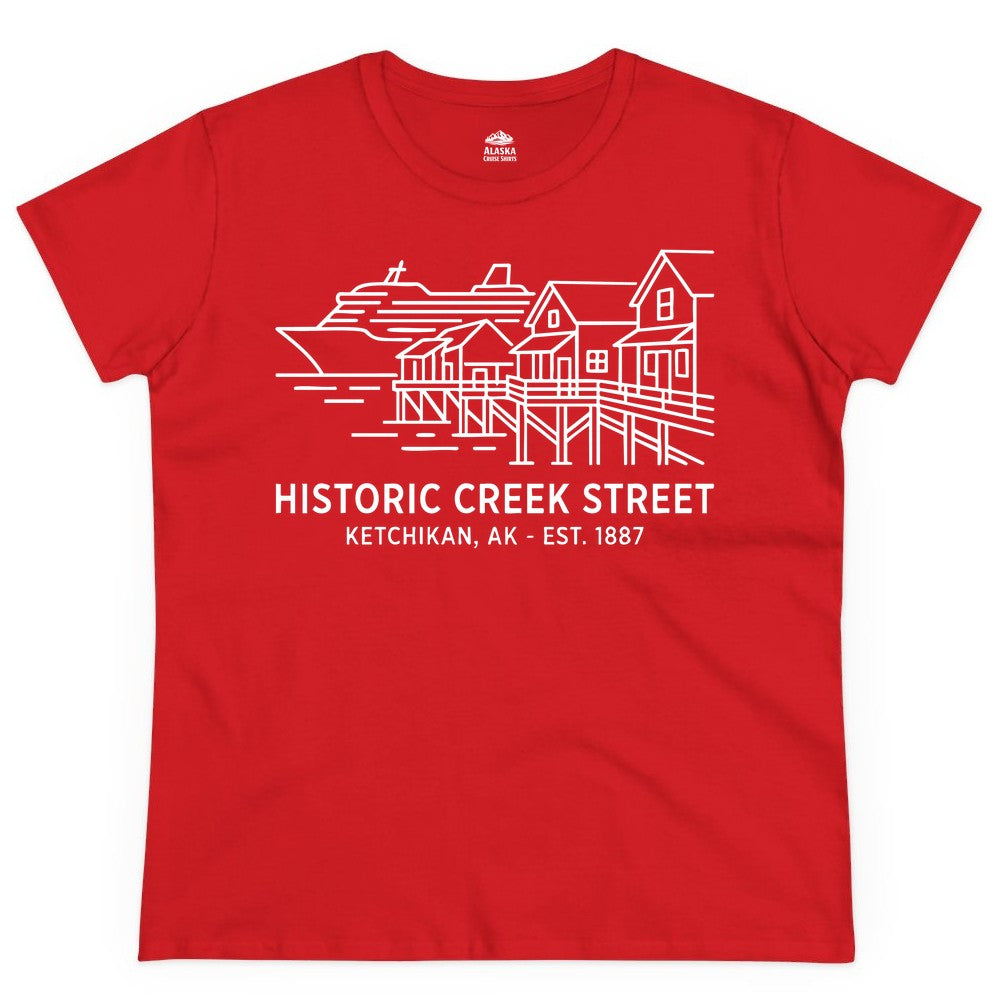 Ketchikan Creek Street Shirt - Alaska Cruise Souvenir Apparel (Ladies Tee) in Red - Ketchikan Creek Street Alaska Waterfront and Cruise Ship Shirt