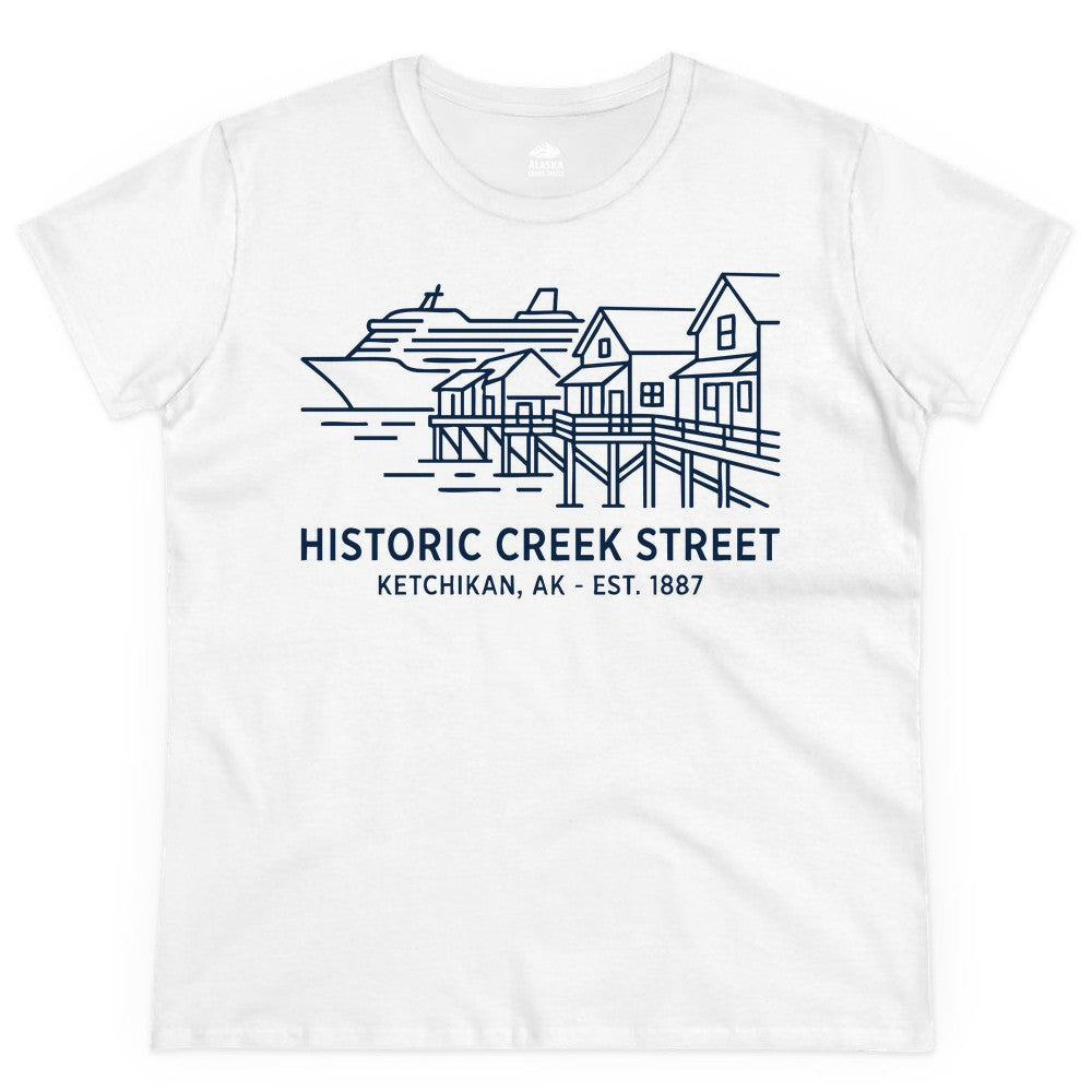 Ketchikan Creek Street Shirt - Alaska Cruise Souvenir Apparel (Ladies Tee) in White - Ketchikan Creek Street Alaska Waterfront and Cruise Ship Shirt