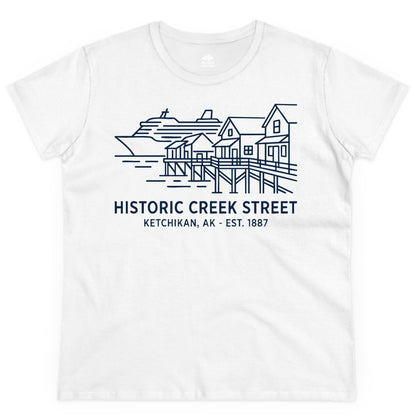 Ketchikan Creek Street Shirt - Alaska Cruise Souvenir Apparel (Ladies Tee) in White - Ketchikan Creek Street Alaska Waterfront and Cruise Ship Shirt