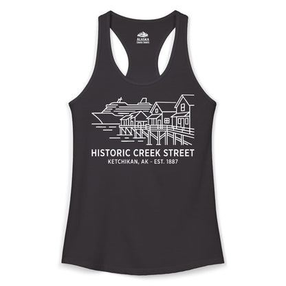 Ketchikan Creek Street Shirt - Alaska Cruise Souvenir Apparel (Ladies Tank) in Black - Ketchikan Creek Street Alaska Waterfront and Cruise Ship Shirt