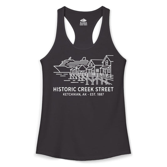 Ketchikan Creek Street Shirt - Alaska Cruise Souvenir Apparel (Ladies Tank) in Black - Ketchikan Creek Street Alaska Waterfront and Cruise Ship Shirt