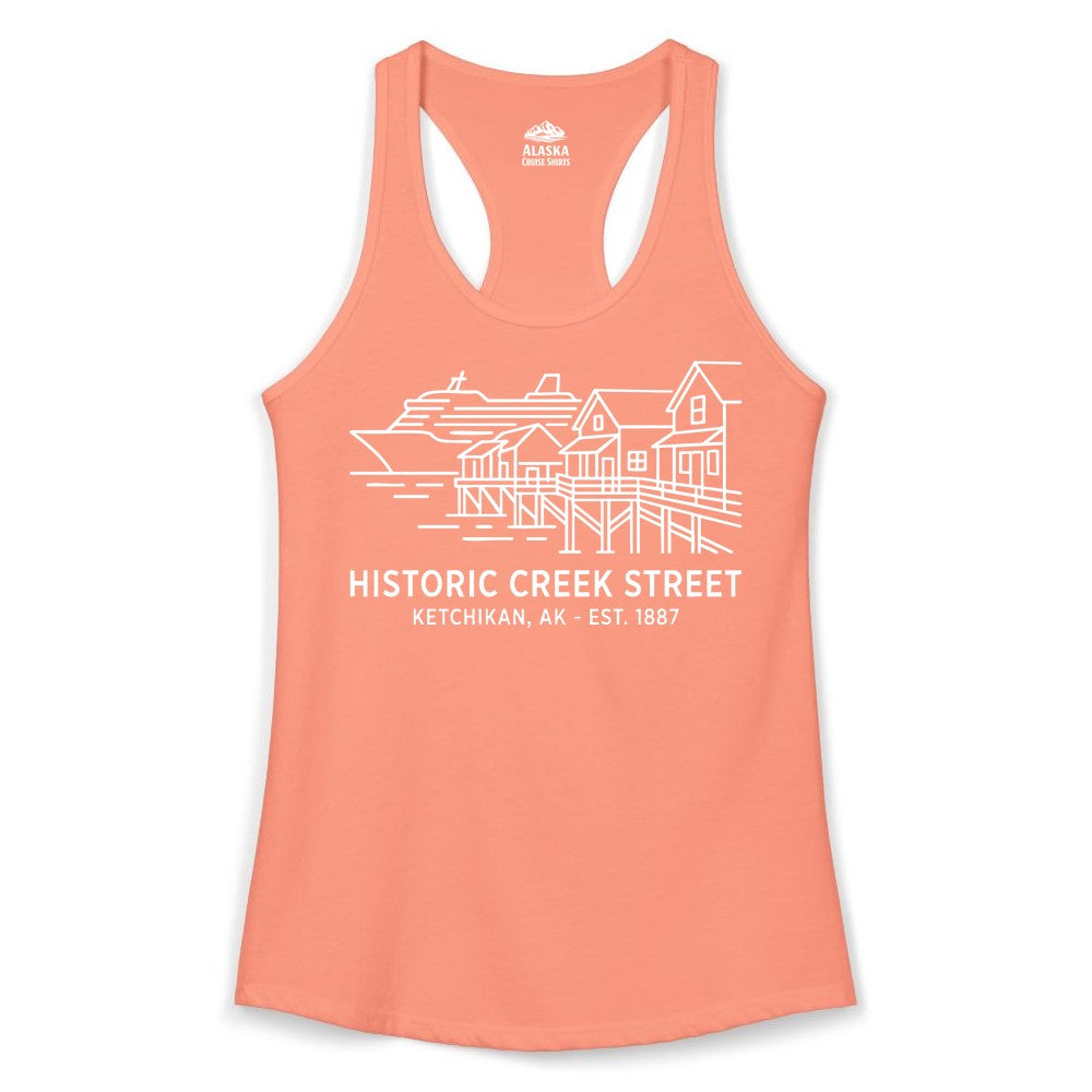 Ketchikan Creek Street Shirt - Alaska Cruise Souvenir Apparel (Ladies Tank) in Solid Light Orange - Ketchikan Creek Street Alaska Waterfront and Cruise Ship Shirt