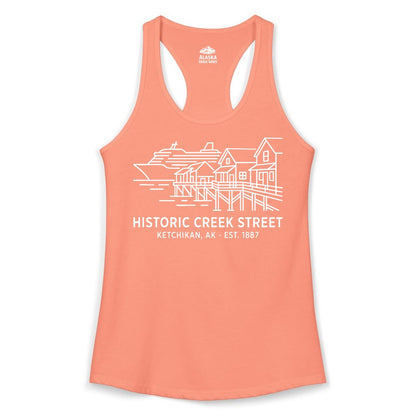 Ketchikan Creek Street Shirt - Alaska Cruise Souvenir Apparel (Ladies Tank) in Solid Light Orange - Ketchikan Creek Street Alaska Waterfront and Cruise Ship Shirt