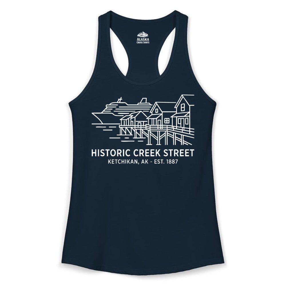 Ketchikan Creek Street Shirt - Alaska Cruise Souvenir Apparel (Ladies Tank) in Solid Midnight Navy - Ketchikan Creek Street Alaska Waterfront and Cruise Ship Shirt