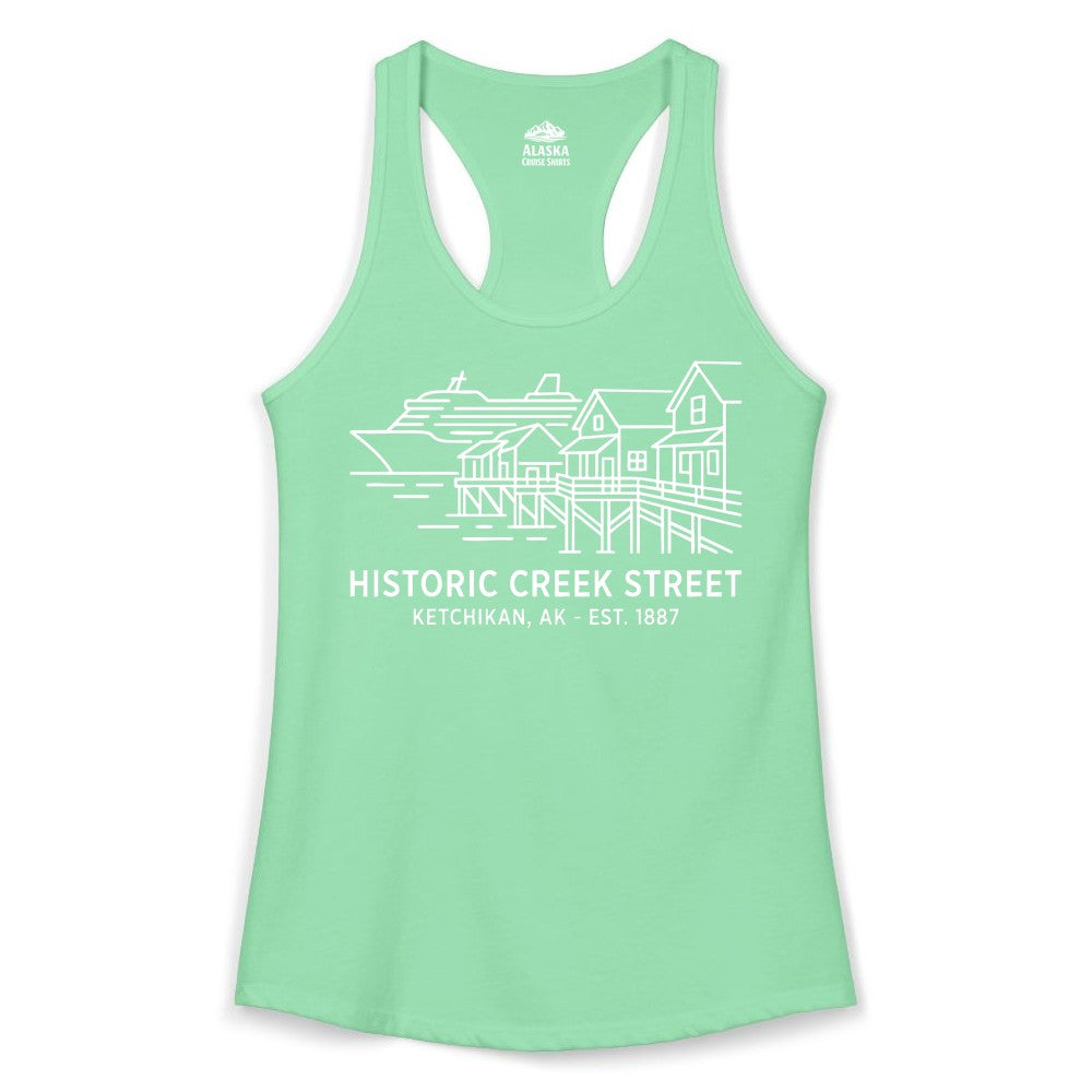 Ketchikan Creek Street Shirt - Alaska Cruise Souvenir Apparel (Ladies Tank) in Solid Mint - Ketchikan Creek Street Alaska Waterfront and Cruise Ship Shirt