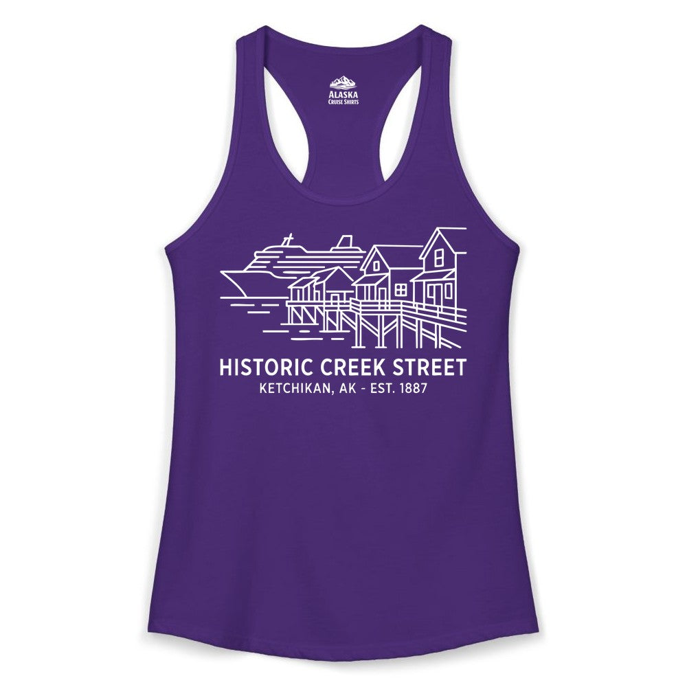 Ketchikan Creek Street Shirt - Alaska Cruise Souvenir Apparel (Ladies Tank) in Solid Purple Rush - Ketchikan Creek Street Alaska Waterfront and Cruise Ship Shirt